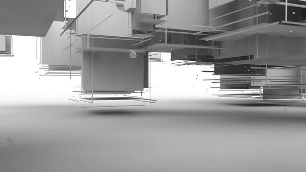 Rendering 3D di un cubo esploso su sfondo bianco. Molti segmenti sparpagliati casualmente nello spazio, con forme diverse. Illustrazione, astrazione, surrealismo delle scienze matematiche . — Foto Stock