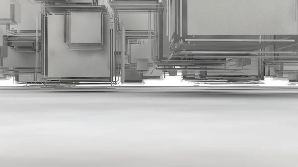 3D-rendering av en Spräng kub på en vit bakgrund. Många segment utspridda slumpmässigt i rymden, med olika former. Illustration, abstraktion, surrealism av matematiska vetenskaper. — Stockfoto