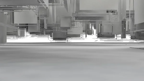 3D-Darstellung eines explodierten Würfels auf weißem Hintergrund. viele Segmente zufällig im Raum verstreut, mit unterschiedlichen Formen. Illustration, Abstraktion, Surrealismus der mathematischen Wissenschaften. — Stockfoto
