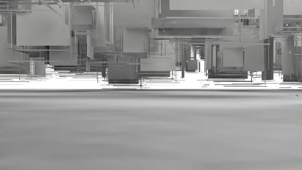 3D-Darstellung eines explodierten Würfels auf weißem Hintergrund. viele Segmente zufällig im Raum verstreut, mit unterschiedlichen Formen. Illustration, Abstraktion, Surrealismus der mathematischen Wissenschaften. — Stockfoto