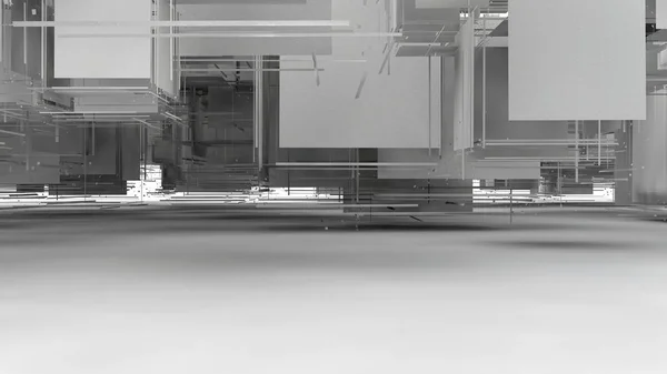 カオスの3Dイラスト、破片の雲、キューブの爆発は、部品に崩壊します。灰色の要素は、白いサーフェスの上のスペースにハングアップします。未来的なデザインの3Dレンダリング、隔離 — ストック写真