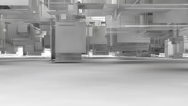 3D-illustratie van chaos, wolk van puin, de explosie van de blokjes verval van de kant. Grijze elementen hangen in de ruimte boven het witte oppervlak. 3D-rendering van futuristisch design, geïsoleerd — Stockfoto