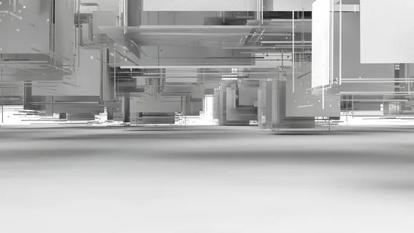 Illustrazione 3D del caos, nube di detriti, l'esplosione dei cubi decadono da parte. Elementi grigi pendono nello spazio sopra la superficie bianca. rendering 3D di design futuristico, isolato — Foto Stock
