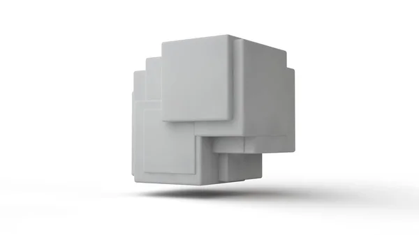 3D-rendering av geometriska former i rymden på vit isolerad bakgrund. 3D-kuber i gruppen, kompatibel och smält, hänga i utrymmet ovanför den vita ytan. Abstraktion. — Stockfoto