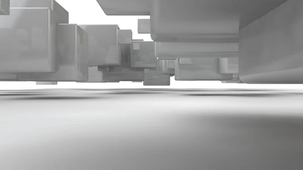 3D-rendering van een array van witte kubussen, een set van geometrische vormen, met gladde gezichten, rechte randen, in de ruimte, gegoten een schaduw op een wit oppervlak. Afbeelding geïsoleerd op witte achtergrond. — Stockfoto
