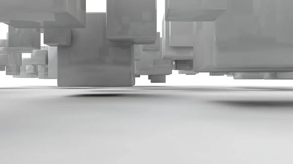 3D-rendering av en matris med vita kuber, en uppsättning geometriska former, med släta ansikten, raka kanter, i rymden, kasta en skugga på en vit yta. Illustration isolerad på vit bakgrund. — Stockfoto