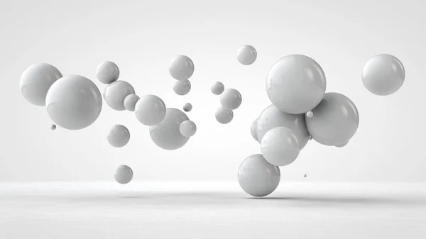 3D ілюстрація кульок різного розміру, що висять у просторі. Ідея порядку, хаосу та гармонії. Абстракція. Порівняльне зображення геометрії простору. 3D візуалізація ізольована на білому тлі . — стокове фото