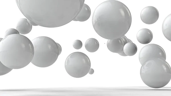 Ilustración 3D de bolas de diferentes tamaños colgando en el espacio. La idea del orden, el caos y la armonía. Abstracción. Imagen comparativa de la geometría del espacio. Representación 3D aislada sobre fondo blanco . — Foto de Stock