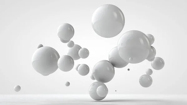 3D ілюстрація кульок різного розміру, що висять у просторі. Ідея порядку, хаосу та гармонії. Абстракція. Порівняльне зображення геометрії простору. 3D візуалізація ізольована на білому тлі . — стокове фото