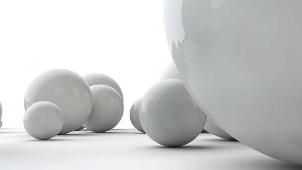 Illustrazione 3D di grandi sfere bianche e molte palline su una superficie bianca. L'idea di bellezza. Immagine comparativa della geometria dello spazio. rendering 3D isolato su sfondo bianco . — Foto Stock