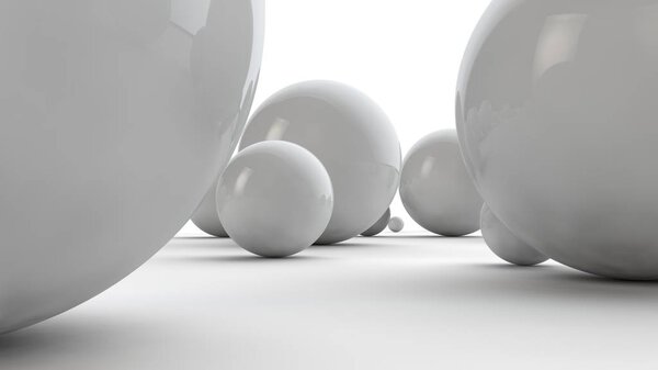 3D illustration of large white spheres and many small balls on a white surface. The idea of beauty. Comparative image of the geometry of space. 3D rendering isolated on white background.