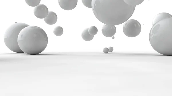宇宙にぶら下がる異なるサイズのボールの3Dイラスト。秩序、混沌、調和の考え方。抽象 化。空間の幾何学の比較画像。白い背景に分離された3Dレンダリング. — ストック写真
