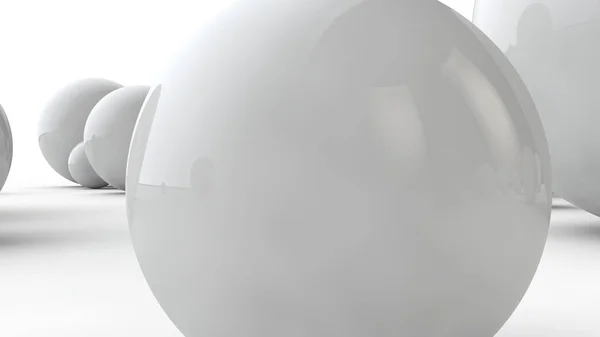 白色大球体和许多小球在白色表面上的 3d 插图。美的概念。空间几何的比较图像。在白色背景上隔离的 3d 渲染. — 图库照片