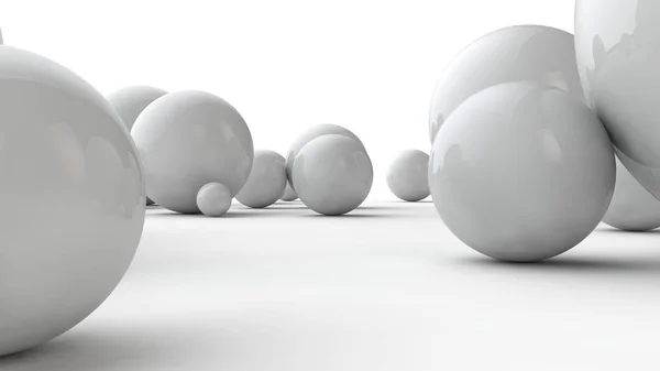 白色大球体和许多小球在白色表面上的 3d 插图。美的概念。空间几何的比较图像。在白色背景上隔离的 3d 渲染. — 图库照片