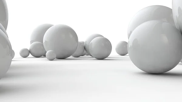 Illustrazione 3D di palline di diverse dimensioni su una superficie bianca. L'idea di ordine, caos e astrazione. Immagine comparativa della geometria dello spazio. rendering 3D isolato su sfondo bianco . — Foto Stock