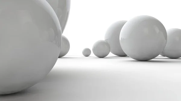 3D иллюстрация больших белых сфер и много маленьких шаров на белой поверхности. Идея красоты. Сравнительное изображение геометрии пространства. 3D рендеринг изолирован на белом фоне . — стоковое фото