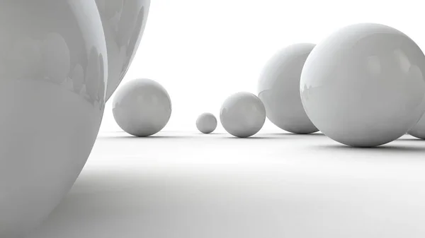 Illustrazione 3D di grandi sfere bianche e molte palline su una superficie bianca. L'idea di bellezza. Immagine comparativa della geometria dello spazio. rendering 3D isolato su sfondo bianco . — Foto Stock