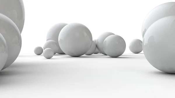 白い表面に異なるサイズのボールの3Dイラスト。秩序、混乱、抽象化の考え方。空間の幾何学の比較画像。白い背景に分離された3Dレンダリング. — ストック写真