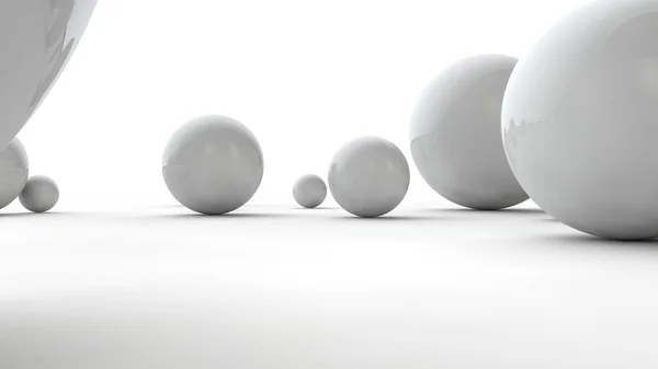 Ilustración 3D de bolas de diferentes tamaños sobre una superficie blanca. La idea del orden, el caos y la abstracción. Imagen comparativa de la geometría del espacio. Representación 3D aislada sobre fondo blanco . —  Fotos de Stock