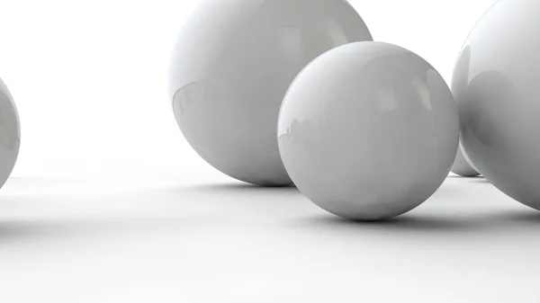 3D иллюстрация больших и малых белых сфер и много различных шаров на белой поверхности. Идея красоты. Сравнительное изображение геометрии пространства. 3D рендеринг изолирован на белом фоне . — стоковое фото
