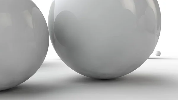 Illustrazione 3D di palline di diverse dimensioni su una superficie bianca. L'idea di ordine, caos e astrazione. Immagine comparativa della geometria dello spazio. rendering 3D isolato su sfondo bianco . — Foto Stock