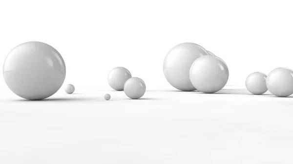 3D ilustrace koulí různých velikostí na bílém povrchu. Myšlenka řádu, chaosu a abstrakce. Srovnávací obraz geometrie vesmíru. prostorové vykreslování izolované na bílém pozadí. — Stock fotografie