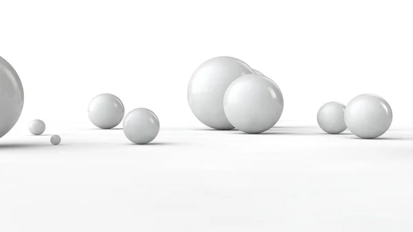 Illustrazione 3D di palline di diverse dimensioni su una superficie bianca. L'idea di ordine, caos e astrazione. Immagine comparativa della geometria dello spazio. rendering 3D isolato su sfondo bianco . — Foto Stock