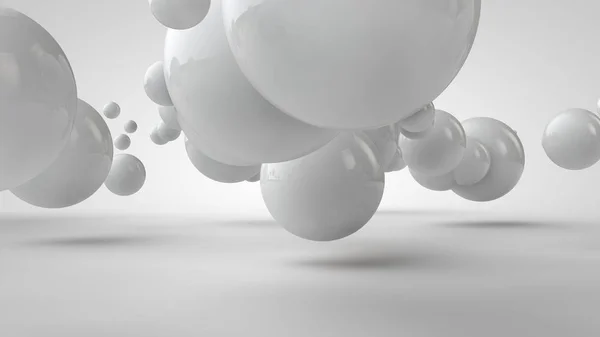3D illustration av bollar i olika storlekar hängande i rymden. Idén om ordning, kaos och harmoni. Abstraktion. Jämförande bild av geometrin hos rymden. 3D-rendering isolerad på vit bakgrund. — Stockfoto