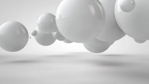 Illustration 3D de boules de différentes tailles suspendues dans l'espace. L'idée d'ordre, de chaos et d'harmonie. L'abstraction. Image comparative de la géométrie de l'espace. rendu 3D isolé sur fond blanc . — Photo