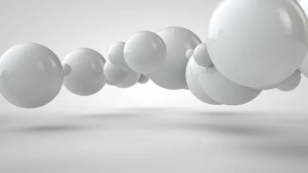 Ilustración 3D de bolas de diferentes tamaños colgando en el espacio. La idea del orden, el caos y la armonía. Abstracción. Imagen comparativa de la geometría del espacio. Representación 3D aislada sobre fondo blanco . — Foto de Stock