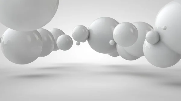 Illustration 3D de boules de différentes tailles suspendues dans l'espace. L'idée d'ordre, de chaos et d'harmonie. L'abstraction. Image comparative de la géométrie de l'espace. rendu 3D isolé sur fond blanc . — Photo