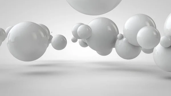 Illustration 3D de boules de différentes tailles suspendues dans l'espace. L'idée d'ordre, de chaos et d'harmonie. L'abstraction. Image comparative de la géométrie de l'espace. rendu 3D isolé sur fond blanc . — Photo