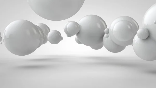 Illustration 3D de boules de différentes tailles suspendues dans l'espace. L'idée d'ordre, de chaos et d'harmonie. L'abstraction. Image comparative de la géométrie de l'espace. rendu 3D isolé sur fond blanc . — Photo