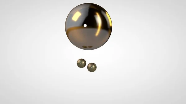 3D-Illustration einer goldenen Kugel, umgeben von zwei kleinen Kugeln, die auf weißem Hintergrund isoliert sind. abstrakte Darstellung geometrischer Formen. 3D-Darstellung — Stockfoto