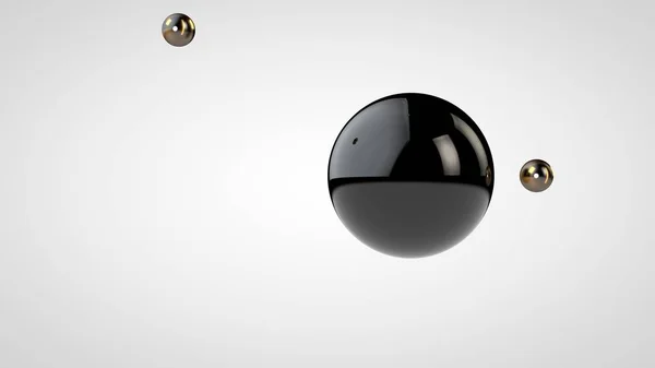 3D-Illustration einer schwarzen, glänzenden Kugel, die von zwei kleinen Kugeln auf weißem Hintergrund umgeben ist. abstrakte Darstellung geometrischer Formen. 3D-Darstellung — Stockfoto