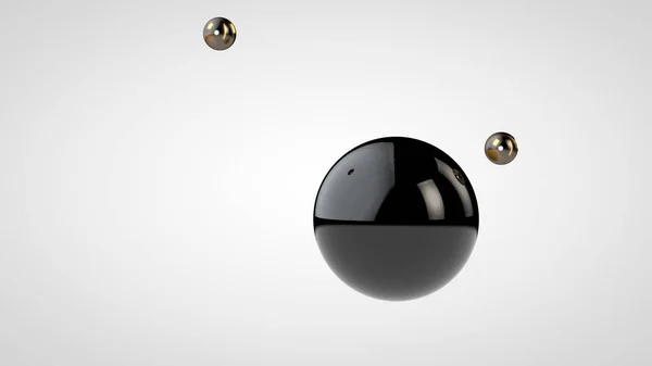 흰색 배경에 고립 된 두 개의 작은 공으로 둘러싸인 검은 색의 광택 있는 공의 3D 그림. 기하학적 모양의 추상표현입니다. 3D 렌더링 — 스톡 사진