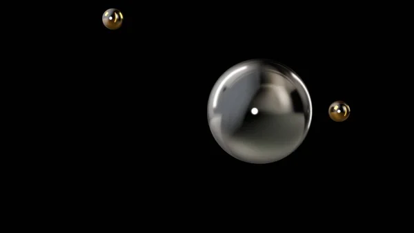 3D иллюстрация большого серебряного шара, окруженного двумя маленькими золотыми шариками, изолированными на черном фоне. Абстрактное представление геометрических фигур. 3D рендеринг — стоковое фото