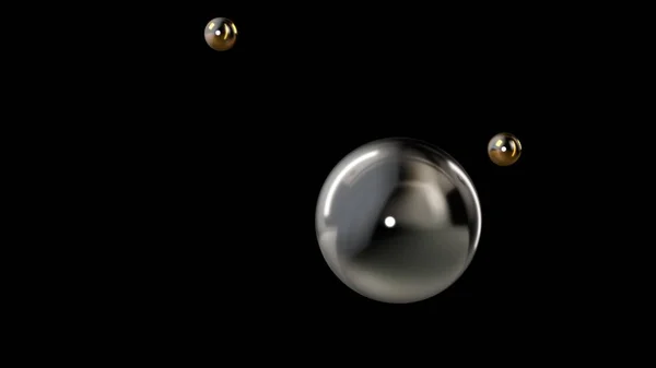 3D illustration of a silver large ball surrounded by two small gold balls isolated on a black background. Abstract representation of geometric shapes. 3D rendering — Stock Photo, Image