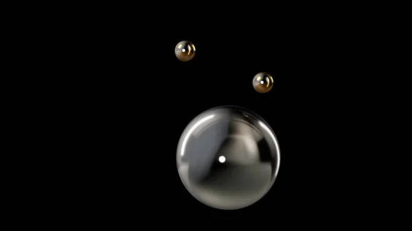 3D-Illustration einer großen silbernen Kugel, umgeben von zwei kleinen goldenen Kugeln auf schwarzem Hintergrund. abstrakte Darstellung geometrischer Formen. 3D-Darstellung — Stockfoto