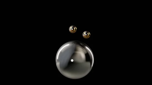 3D-illustratie van een zilveren grote bal omringd door twee kleine gouden ballen geïsoleerd op een zwarte achtergrond. Abstracte representatie van geometrische vormen. 3D-rendering — Stockfoto
