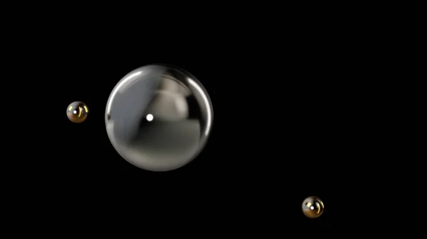 3D illusztrálja egy ezüst nagy labdát körül két kis arany golyó izolált fekete háttér. Geometriai alakzatok absztrakt ábrázolása. 3D-leképezés — Stock Fotó