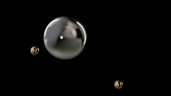 3D иллюстрация большого серебряного шара, окруженного двумя маленькими золотыми шариками, изолированными на черном фоне. Абстрактное представление геометрических фигур. 3D рендеринг — стоковое фото