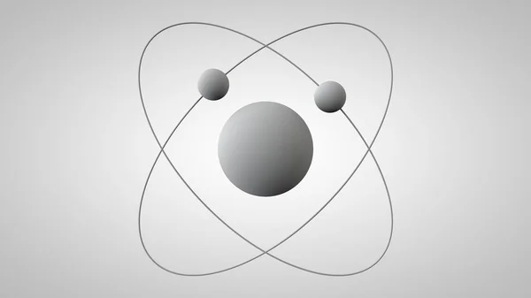 Ilustração 3D de um modelo de átomo com um núcleo e dois elétrons em órbitas. Modelo 3D da estrutura do átomo de Rutherford. Ideia, símbolo da energia atómica. 3D renderização em fundo branco isolado . — Fotografia de Stock