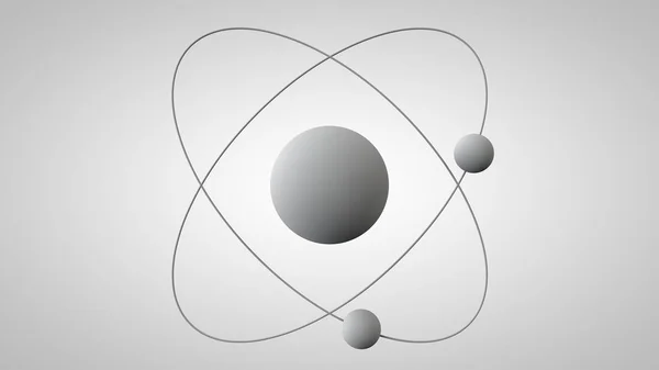 3D illustration of an atom model with a nucleus and two electrons in orbits. 3D model of the structure of the Rutherford atom. Idea, symbol of atomic energy. 3D rendering on white background isolated.
