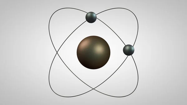 核と2つの電子を持つ原子モデルの3D図。ラザフォード原子の構造の金属モデル。アイデア、原子力の象徴。白い背景の3Dレンダリングを分離. — ストック写真