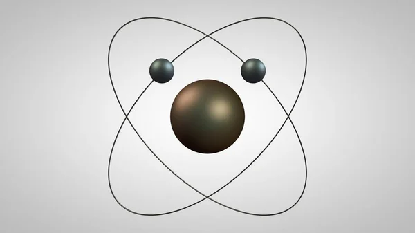 3D illustration of an atom model with a nucleus and two electrons. Metal model of the structure of the Rutherford atom. Idea, symbol of atomic energy. 3D rendering on white background isolated.