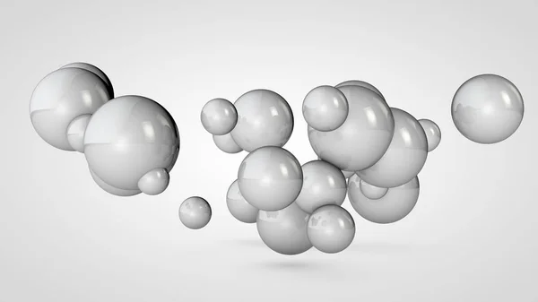 Ilustracja 3D wielu białych kul w kosmosie, ułożone losowo. Abstrakcyjny obraz okrągłych obiektów połączonych ze sobą. Izolowane na białym tle. Renderowanie 3D — Zdjęcie stockowe