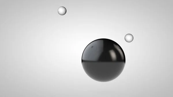 Ilustração 3D de bolas pretas, uma grande e duas pequenas bolas. esferas no ar, isoladas sobre um fundo branco. Renderização 3D de uma abstração. Espaço com objetos geométricos . — Fotografia de Stock