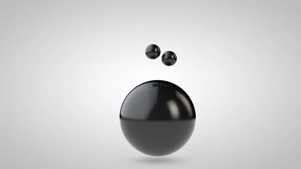 3D-Illustration von schwarzen Kugeln, einer großen und zwei kleinen Kugeln. Kugeln in der Luft, isoliert auf weißem Hintergrund. 3D-Darstellung einer Abstraktion. Raum mit geometrischen Objekten. — Stockfoto