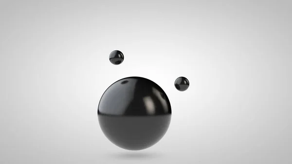 Ilustración 3D de bolas negras, una grande y dos pequeñas. esferas en el aire, aisladas sobre un fondo blanco. Representación 3D de una abstracción. Espacio con objetos geométricos . — Foto de Stock
